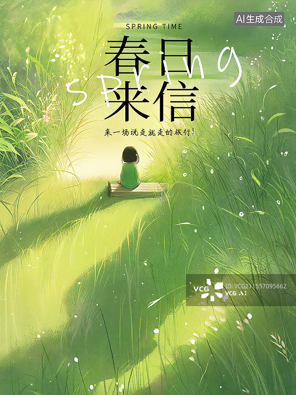 【AI数字艺术】春日来信 节气插画海报模版 树下坐在草地上的女孩背影，风吹草地的美景插画 ，日出时分的场景 竖版图片素材