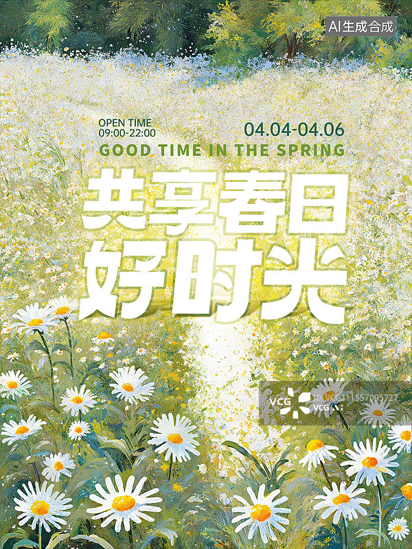 【AI数字艺术】春天油画风格节气海报模版 莫奈的花园色彩 小清新宁静的乡村风景与乡村小路  一片雏菊花田  竖版图片素材