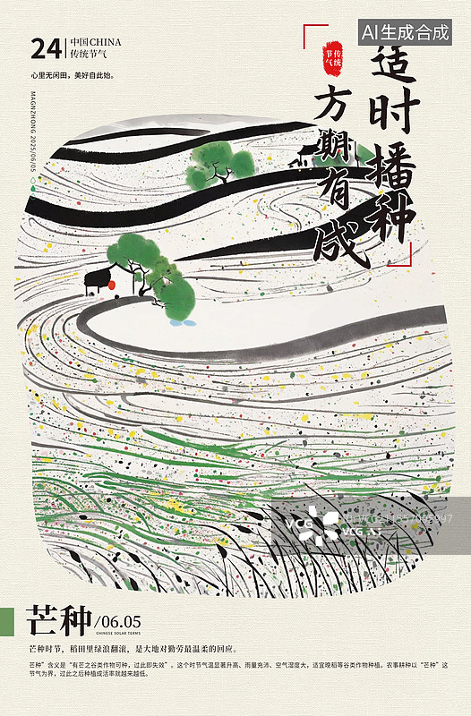 【AI数字艺术】二十四节气海报模版，国风水彩田园风光插画，吴冠中风格的田园风光 竖版图片素材