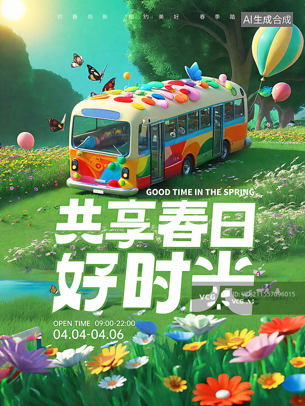 【AI数字艺术】3D春季旅游插画海报模版 春游草坪踏青，51假期出行自驾游房车露营 ，开满鲜花和气球的大巴车 竖版图片素材