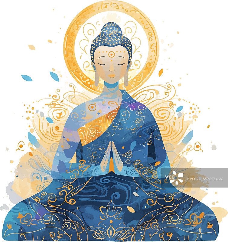 一幅蓝色和黄色的画，描绘一个人坐着。图片素材