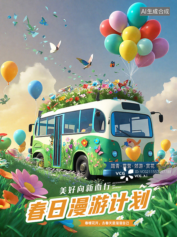 【AI数字艺术】3D春季旅游插画海报模版 春游草坪踏青，51假期出行自驾游房车露营 ，开满鲜花和气球的大巴车 竖版图片素材