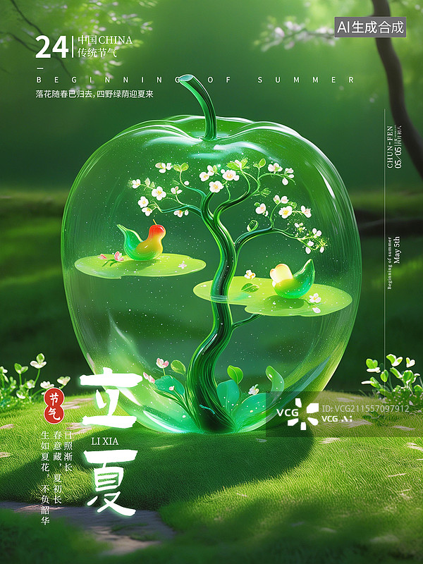 【AI数字艺术】夏天创意海报模版 绿色森林背景下的透明水晶苹果特写镜头，玻璃球中的树木与自然，水晶球中的大树 竖版图片素材
