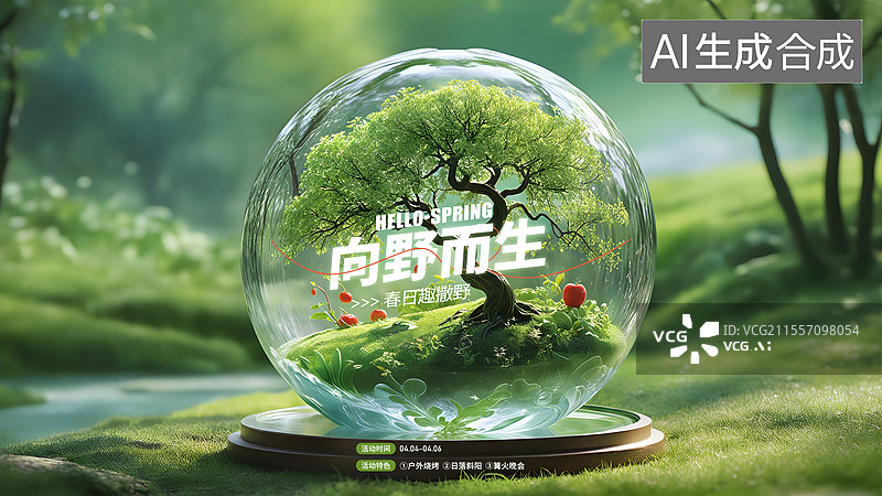 【AI数字艺术】夏天创意海报模版 绿色森林背景下的透明水晶苹果特写镜头，玻璃球中的树木与自然，水晶球中的大树 横版图片素材