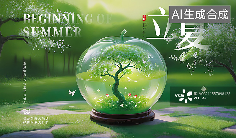【AI数字艺术】夏天创意海报模版 绿色森林背景下的透明水晶苹果特写镜头，玻璃球中的树木与自然，水晶球中的大树 横版图片素材
