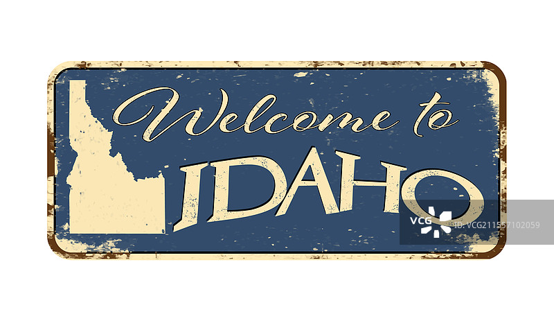 欢迎来到爱达荷州，一块磨损的蓝色牌匾，上面写着名字图片素材
