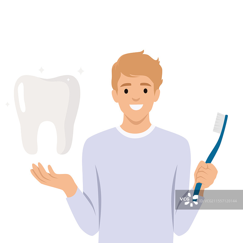 男人手持牙刷和闪亮的白色牙齿图片素材