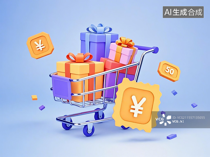 【AI数字艺术】一个堆满礼物盒的购物车和两张金色的优惠券上面带有¥符号图片素材