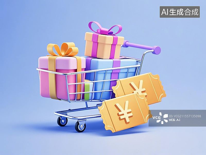 【AI数字艺术】一个堆满礼物盒的购物车和两张金色的优惠券上面带有¥符号图片素材