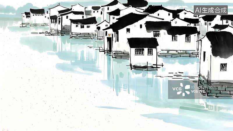 【AI数字艺术】水墨画江南水乡建筑风景居上图片素材