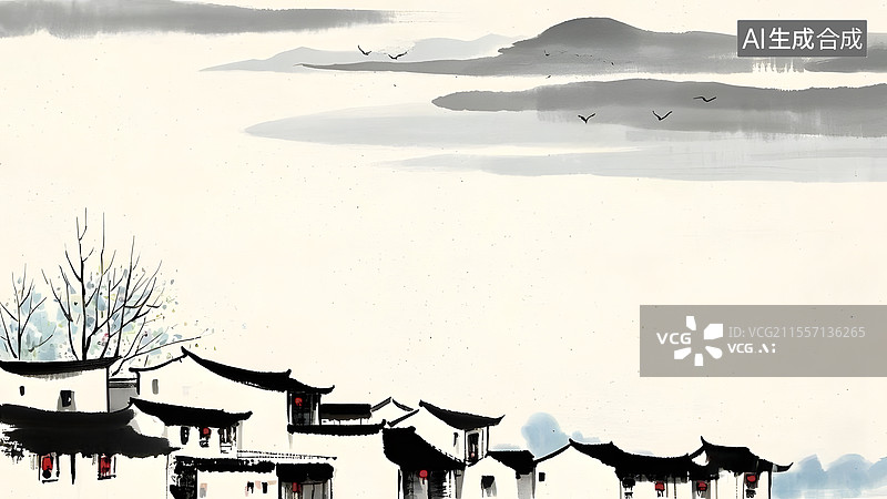 【AI数字艺术】水墨画江南水乡建筑风景居下图片素材