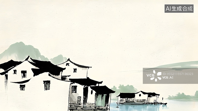 【AI数字艺术】水墨画江南水乡建筑风景居下图片素材