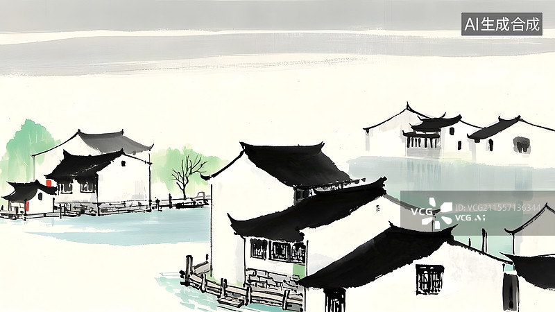 【AI数字艺术】水墨画江南水乡建筑风景图片素材