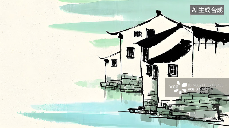【AI数字艺术】水墨画江南水乡建筑风景居右图片素材