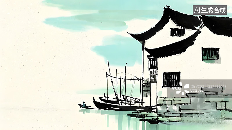 【AI数字艺术】水墨画江南水乡建筑风景居右图片素材