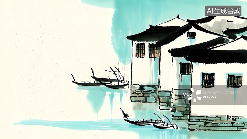 【AI数字艺术】水墨画江南水乡建筑风景居右图片素材