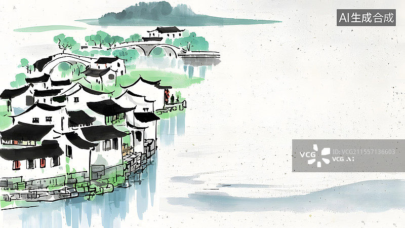 【AI数字艺术】水墨画江南水乡建筑风景居左图片素材