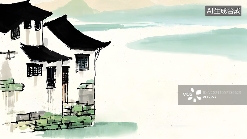 【AI数字艺术】水墨画江南水乡建筑风景居左图片素材