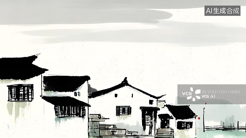 【AI数字艺术】水墨画江南水乡建筑风景左下图片素材