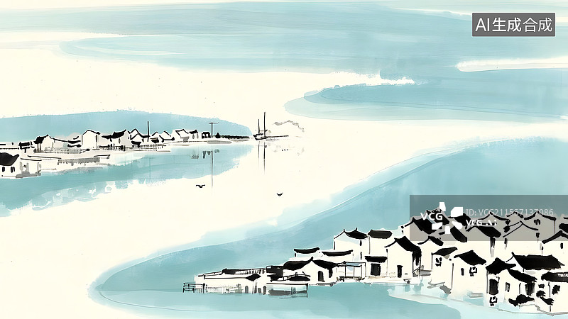 【AI数字艺术】水墨画江南水乡建筑风景两侧图片素材