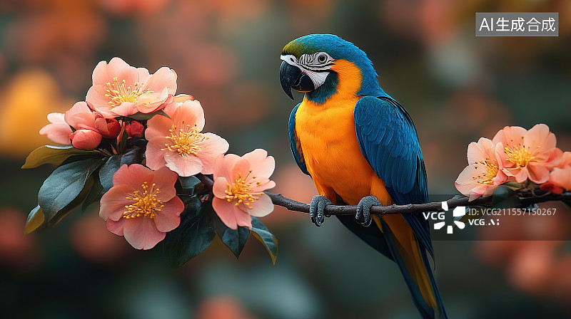 【AI数字艺术】鹦鹉在盛开的桃花枝头图片素材