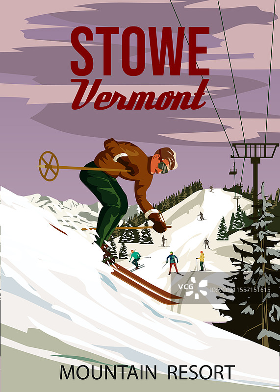 复古旅行海报：美国斯托维滑雪度假村图片素材