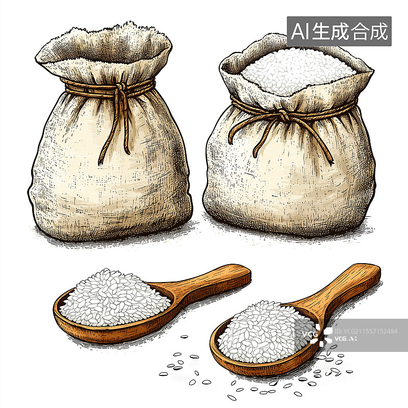 【AI数字艺术】麻袋大米和木头勺子手绘插画图片素材