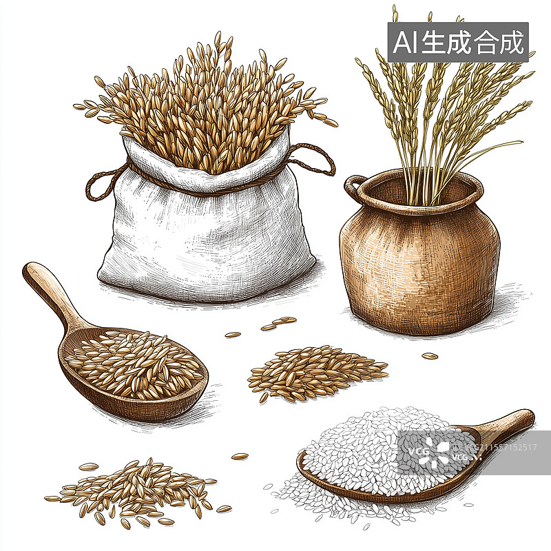 【AI数字艺术】麻袋大米和木头勺子手绘插画图片素材