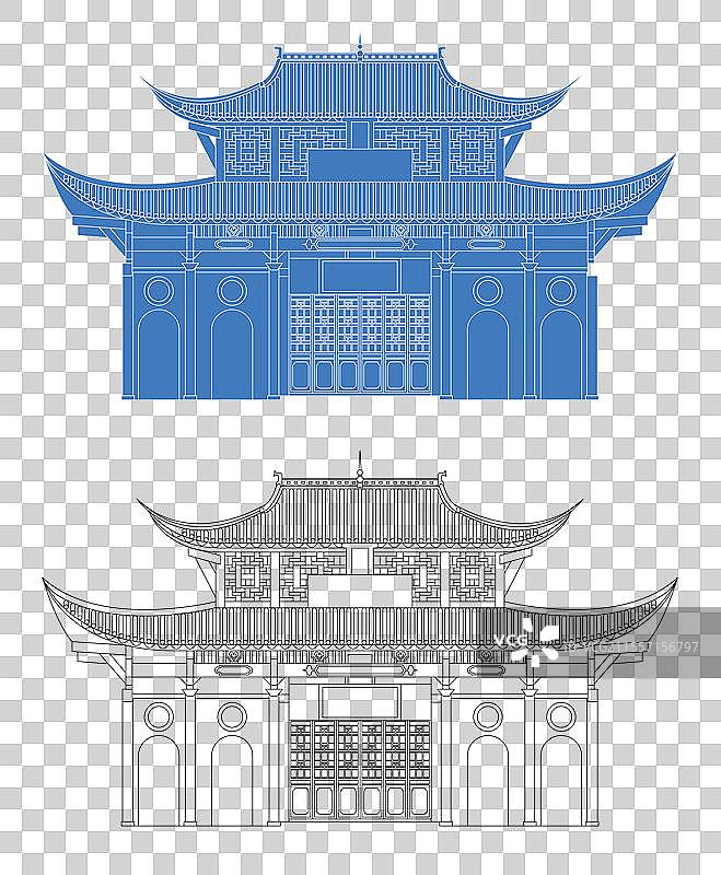 城市地标建筑剪影剪纸风格线条矢量插画—安徽 池州 九华山 月身宝殿图片素材
