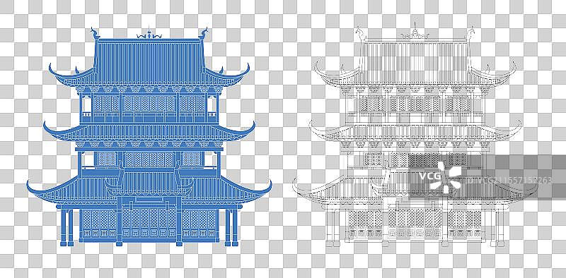 城市地标建筑剪影剪纸风格线条矢量插画—江西 赣州 八镜台图片素材