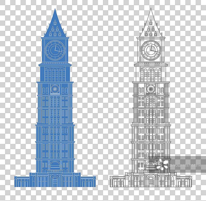 城市地标建筑剪影剪纸风格线条矢量插画—江西 赣州 和谐钟塔图片素材