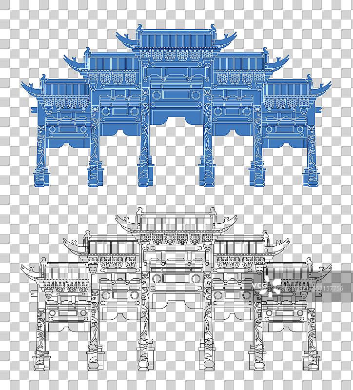 城市地标建筑剪影剪纸风格线条矢量插画—四川 绵阳圣水寺 牌坊图片素材