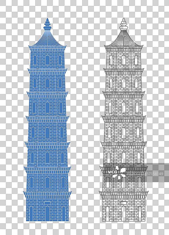 城市地标建筑剪影剪纸风格线条矢量插画—安徽 铜陵 犁桥水镇 千佛塔图片素材