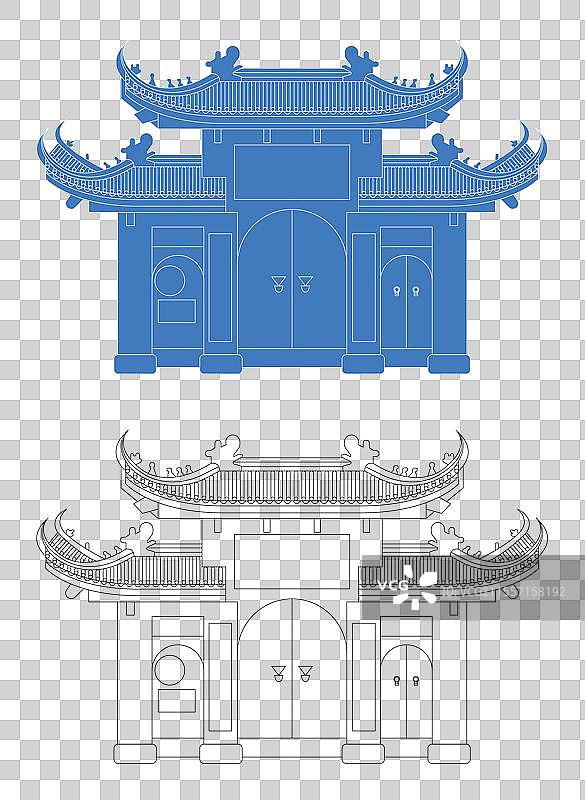 城市地标建筑剪影剪纸风格线条矢量插画—安徽 铜陵 大通古镇 大士阁图片素材
