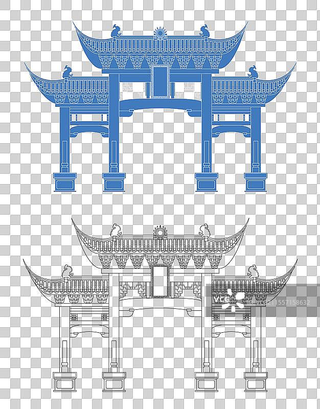 城市地标建筑剪影剪纸风格线条矢量插画—宣城水东老街图片素材