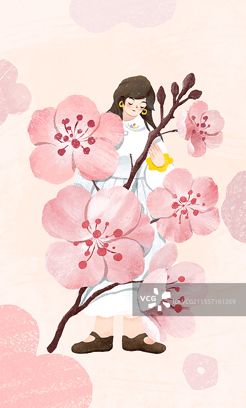 春天节气插画桃花和女孩图片素材