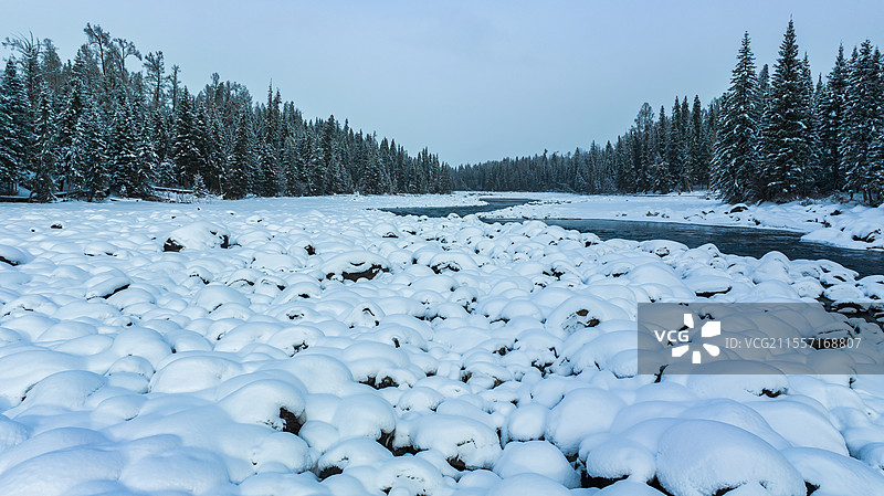 新疆冬季喀纳斯清晨的森林河流图片素材