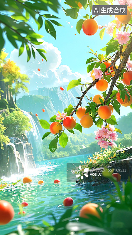 【AI数字艺术】瀑布旁的桃园图片素材