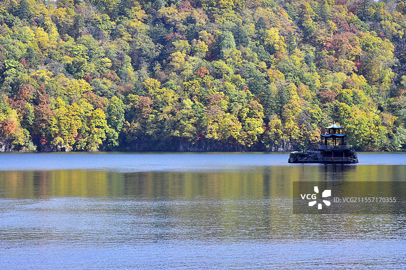吉林龙湾群森林公园三角龙湾秋天彩林树林湖泊秋景图片素材