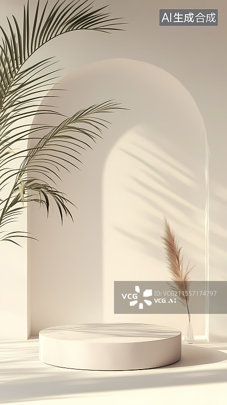【AI数字艺术】简约拱门下的绿植与圆台景致图片素材