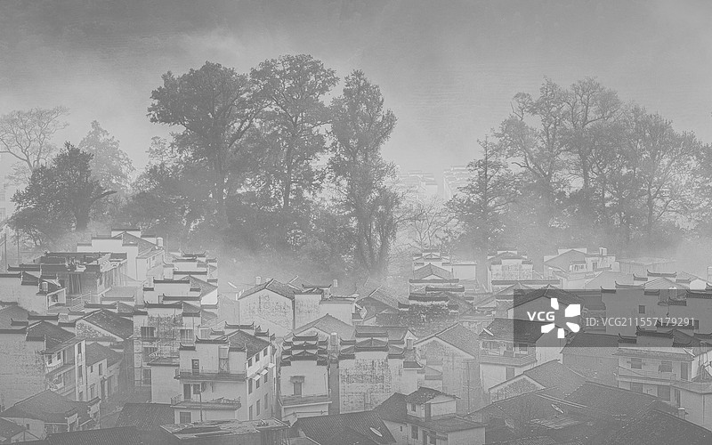 晨雾中的村落图片素材