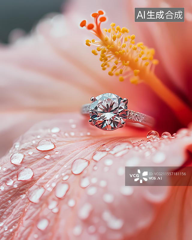 【AI数字艺术】粉瓣水珠间的璀璨钻戒图片素材