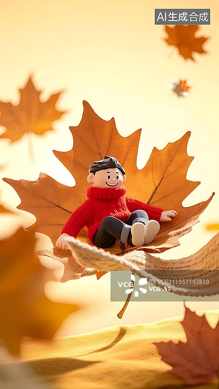 【AI数字艺术】创意微缩秋季节气景观男孩坐在枫叶上飞落图片素材