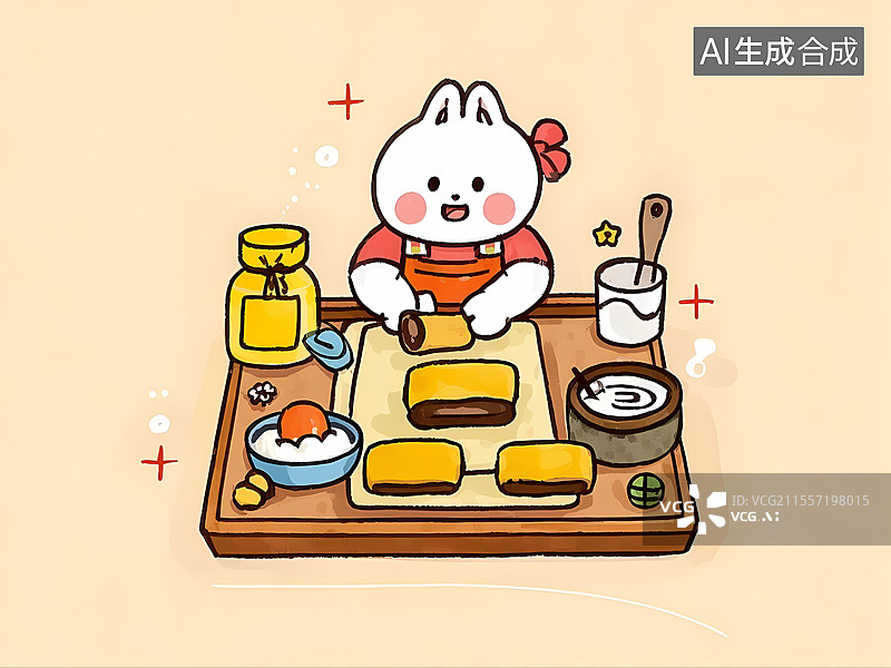 【AI数字艺术】卡通手绘中式点心小动物制作老北京驴打滚图片素材