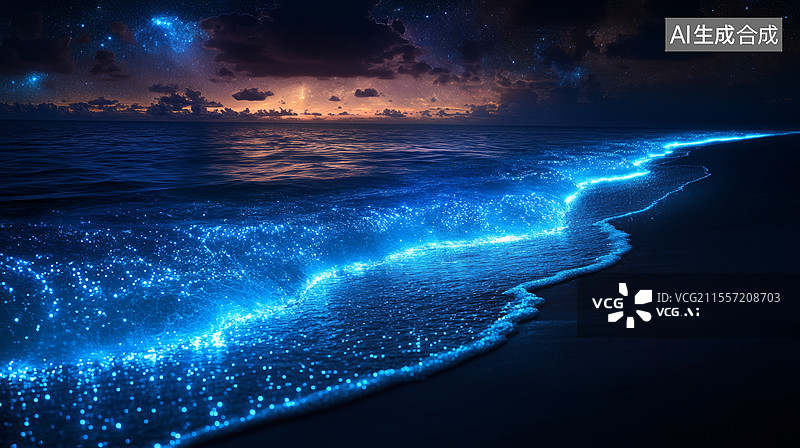 【AI数字艺术】梦幻海滩夜景蓝眼泪图片素材