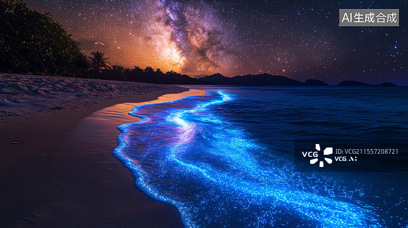 【AI数字艺术】梦幻海滩夜景蓝眼泪图片素材