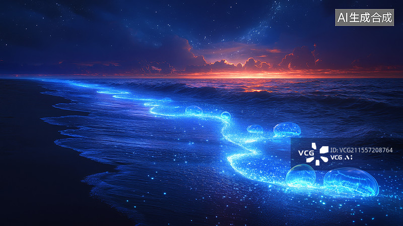 【AI数字艺术】梦幻海滩夜景蓝眼泪图片素材