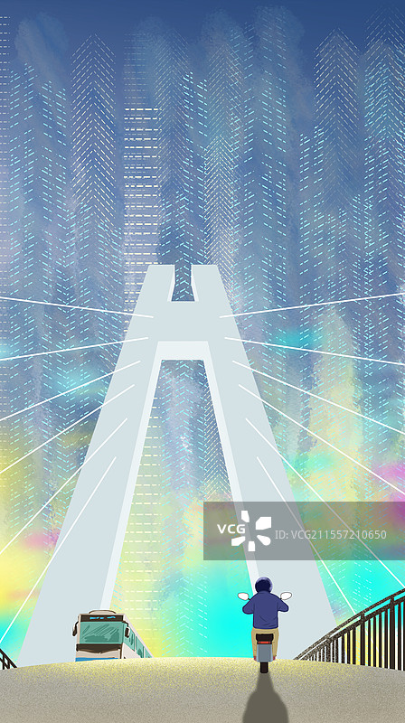 现代化大城市都市繁荣繁华城市基础建设高楼大厦天际线夜空夜景夜晚晚上桥梁大桥拉索桥回家交通安全形式骑车图片素材