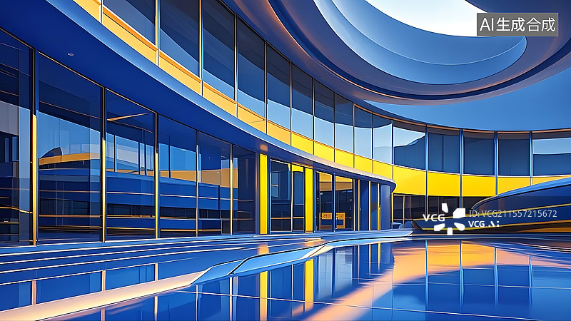 【AI数字艺术】克莱因蓝色搭配那不勒斯黄色未来主义时尚简约建筑空间图片素材