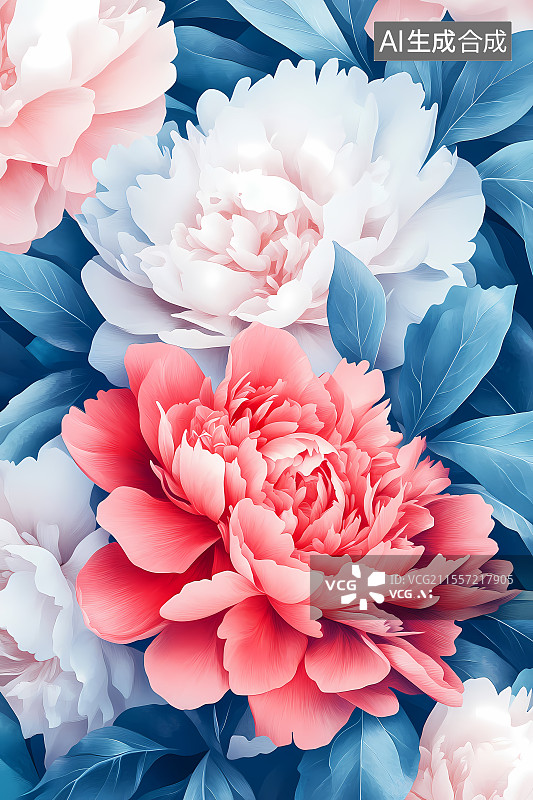 【AI数字艺术】蓝叶映衬下的粉白牡丹花簇图片素材